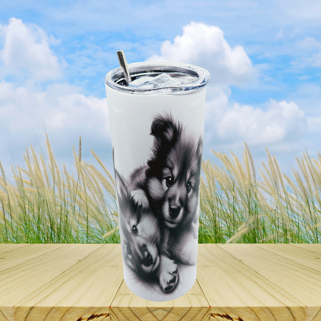 20 oz tumbler with leak-proof slide lid and metal straw "Puppy Love"