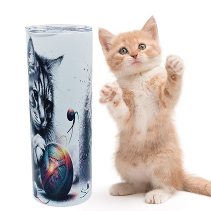 20 oz tumbler with leak-proof slide lid and metal straw  "Cat Play"