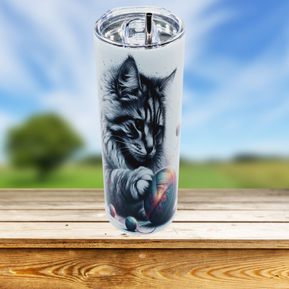 20 oz tumbler with leak-proof slide lid and metal straw  "Cat Play"