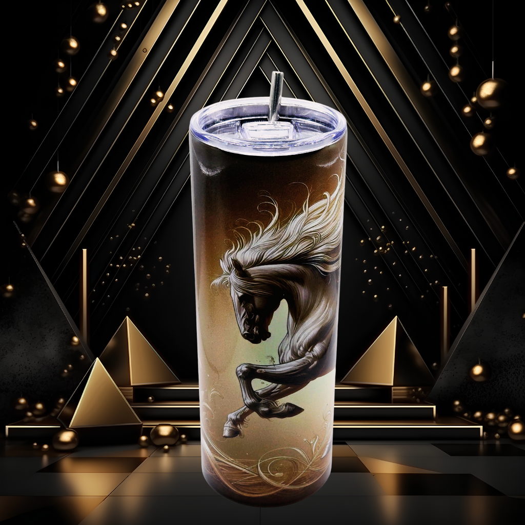 20 oz tumbler with leak-proof slide lid and metal straw "Golden Horse"