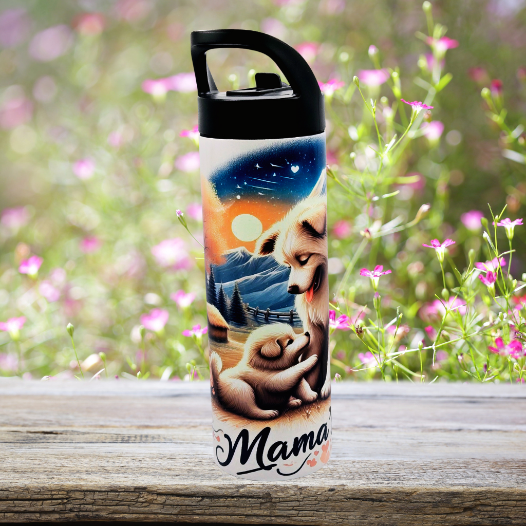 20 oz tumbler/water bottle stainless steel with sippy up lid and straw. "mama's love" puppy A