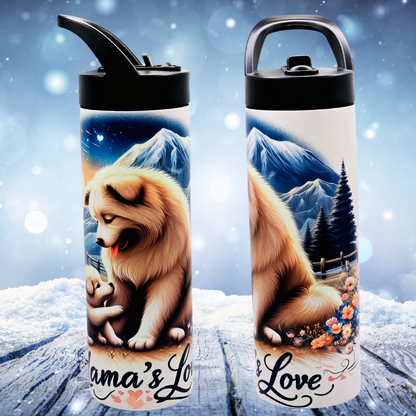 20 oz tumbler/water bottle stainless steel with sippy up lid and straw. "mama's love" puppy A