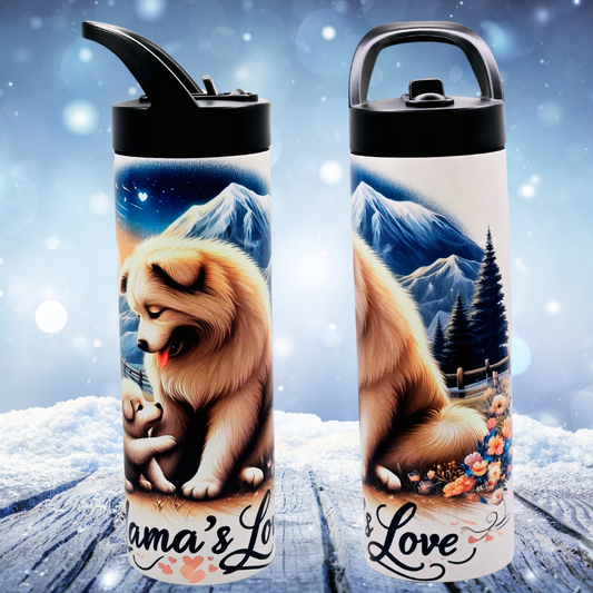 20 oz tumbler/water bottle stainless steel with sippy up lid and straw. "mama's love" puppy A