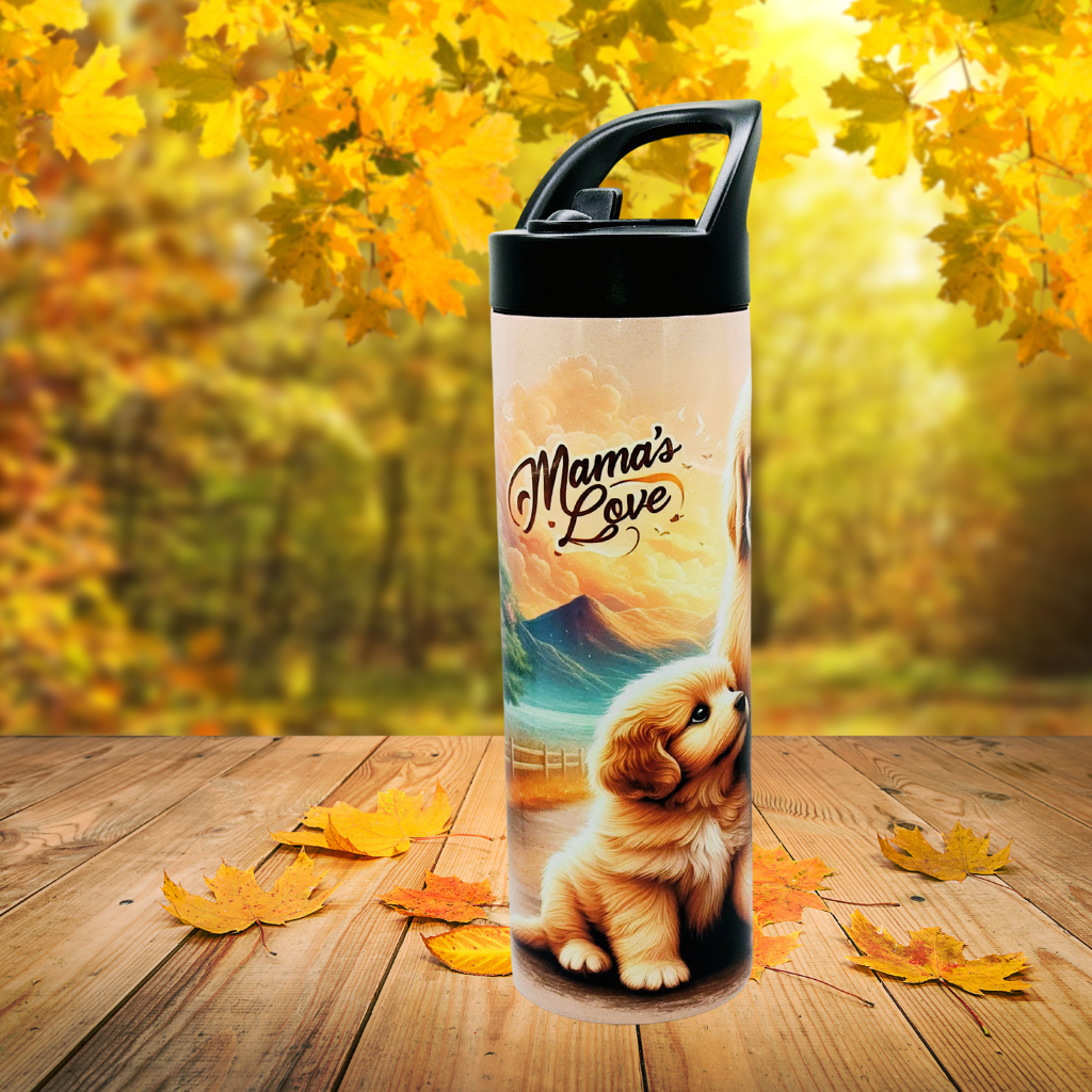 20 oz tumbler/water bottle stainless steel with sippy up lid and straw. "mama's love" puppy B