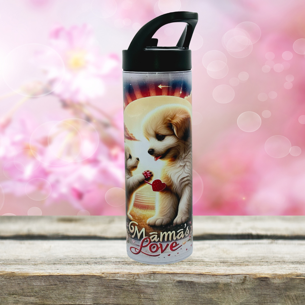 20 oz tumbler/water bottle stainless steel with sippy up lid and straw. "mama's love" puppy C