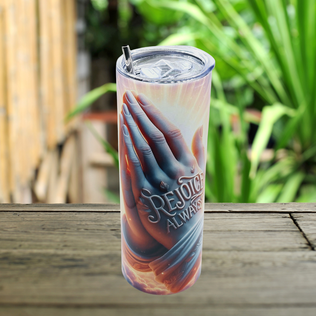 20 oz tumbler with leak-proof slide lid and metal straw "Rejoice Always"