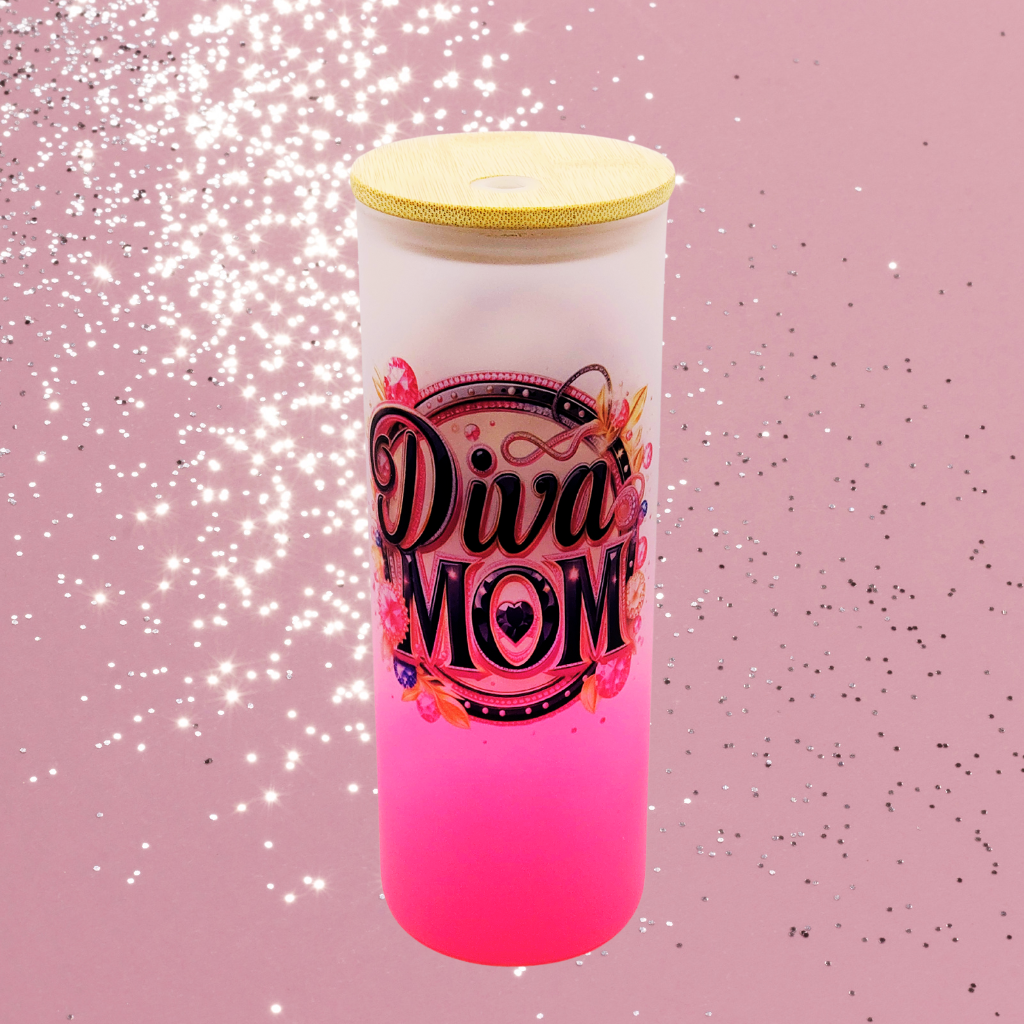 Diva Mom 25 oz cute and colorful glass tumbler with lid and straw