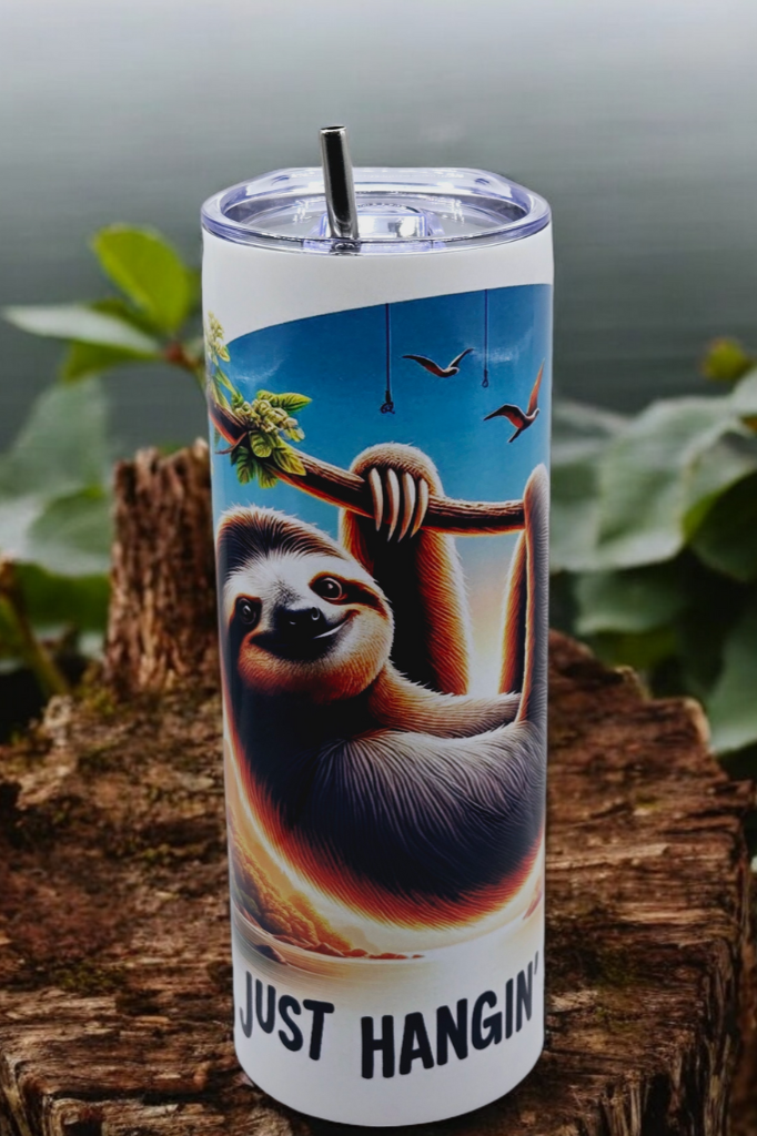 20 oz Sloth "Just Hangin' Out" Tumbler with Leak-proof slide lids and metal straw