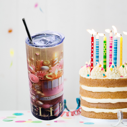 15oz "Birthday" Tumbler with Leak-proof slide lid and metal straw Plus 16oz Glass water bottle