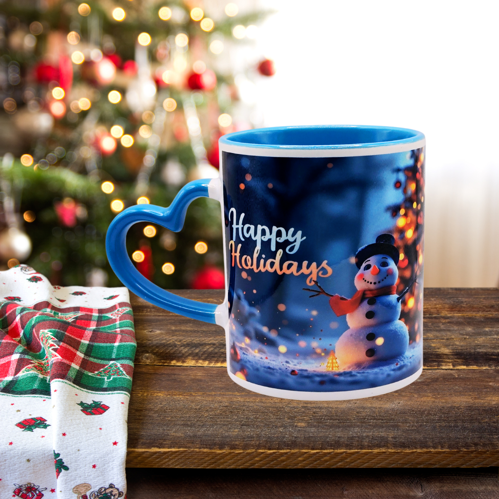 "Snowman Happy Holidays" 11 oz Coffee Mug with blue love handle