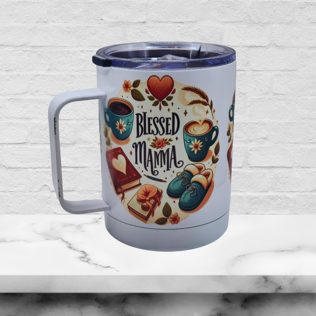 50% OFF 12 oz coffee mug with free coaster "Blessed Mama" scratch on handle