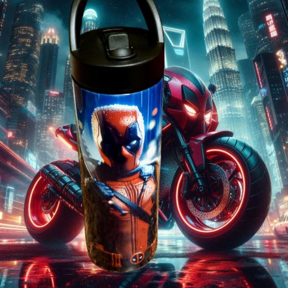 Deadpool 20 oz tumbler/water bottle stainless steel with sippy up lid and straw.