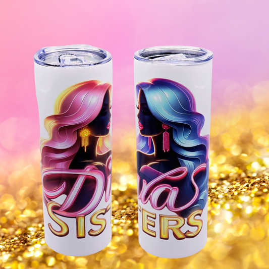 "Diva Sisters" 20 oz Tumbler with Leak-proof slide lid and metal straw