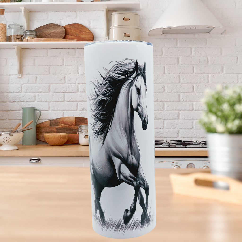 20 oz Tumbler with Leak-proof slide lid and metal straw, "Majestic Horse"