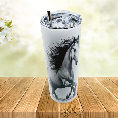 20 oz Tumbler with Leak-proof slide lid and metal straw, "Majestic Horse"