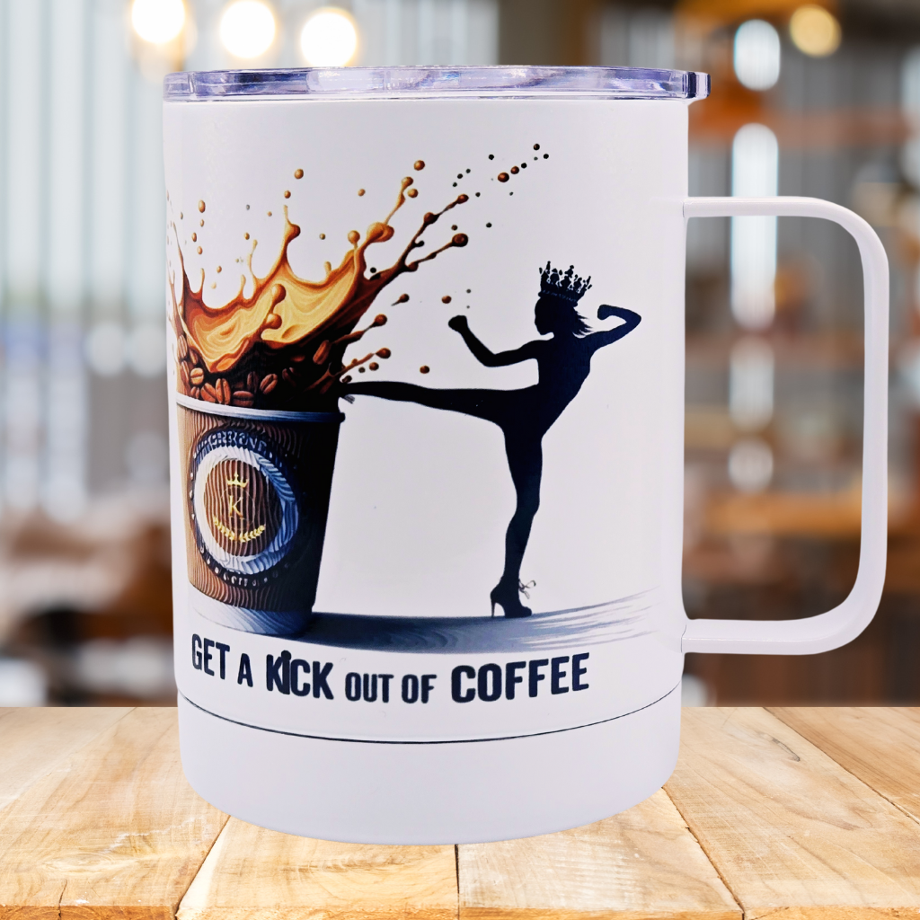 King's "Get a Kick out of Coffee" 12 oz coffee mug with free coaster