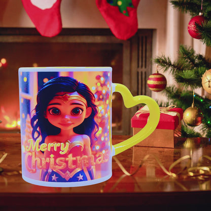 "Wonder Girl, Merry Christmas" 11 oz Coffee Mug with yellow love handle