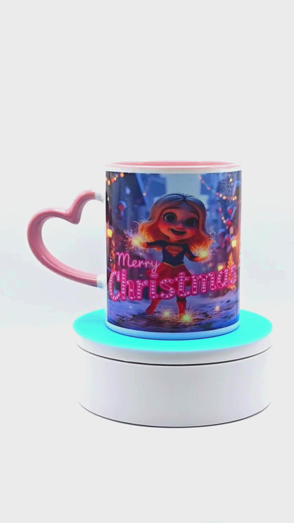 "Sparkle Super Girl, Merry Christmas" 11 oz Coffee Mug with red pink love handle