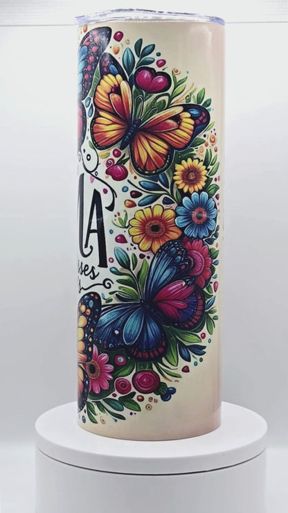 20 oz tumbler features amazing graphic for moms "Butterfly kisses and mama's love"