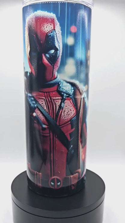 Deadpool 20 oz tumbler/water bottle stainless steel with sippy up lid and straw.