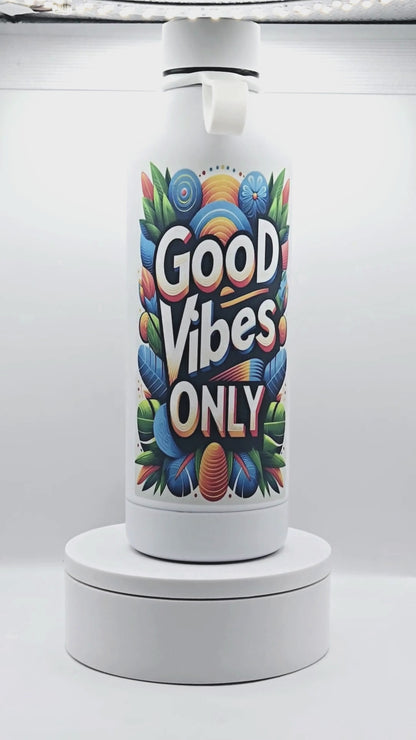 17 oz water bottle with vibrant uplifting quote "Good Vibes Only."