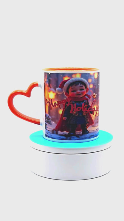 "Smiling Kid, Happy Holidays" 11 oz Coffee Mug with orange love handle