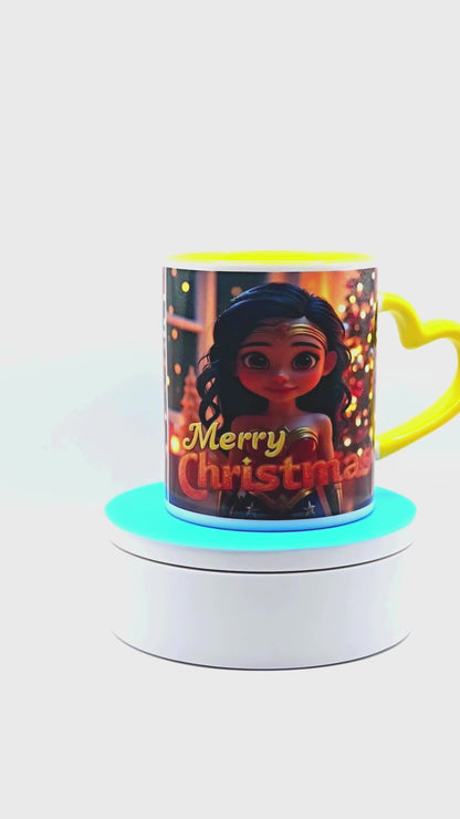 "Wonder Girl, Merry Christmas" 11 oz Coffee Mug with yellow love handle