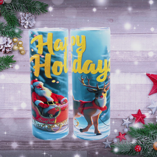 "Santa & Reindeer Happy Holidays" 20 oz Tumbler with Leak-proof slide lid and metal straw