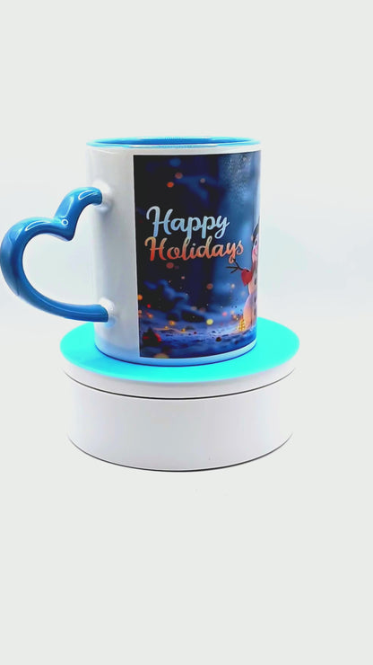 "Snowman Happy Holidays" 11 oz Coffee Mug with blue love handle