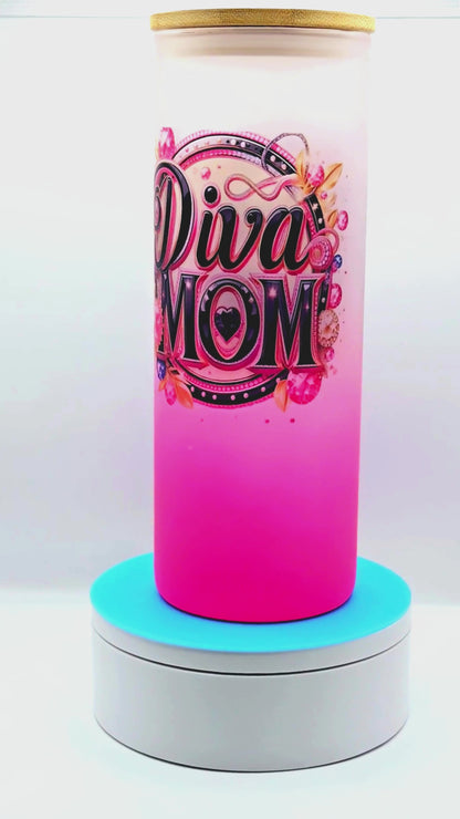 Diva Mom 25 oz cute and colorful glass tumbler with lid and straw