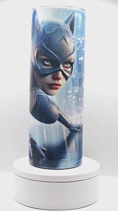 Catwoman 20 oz tumbler stainless steel with sliding lid and metal straw.