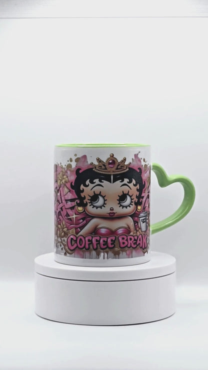 Betty Ceramic "Coffee Break" 11 oz Coffee Mug with green love handle