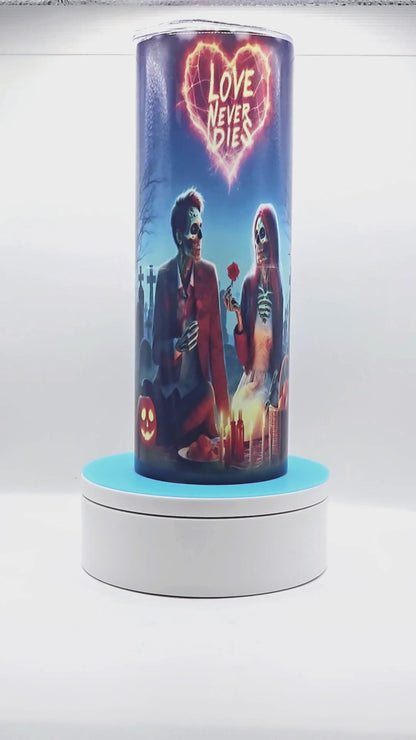 20 oz tumbler with leak-proof slide lid and metal straw, Halloween "love never dies"