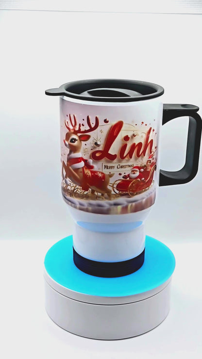 "Linh, Santa & Reindeer" Custom Made  17 oz coffee travel mug tumbler with free coaster