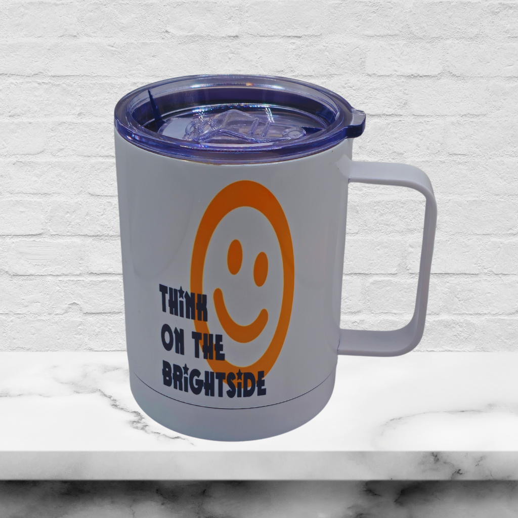 50% OFF 12 oz coffee mug with free coaster "Think on the Brightside"