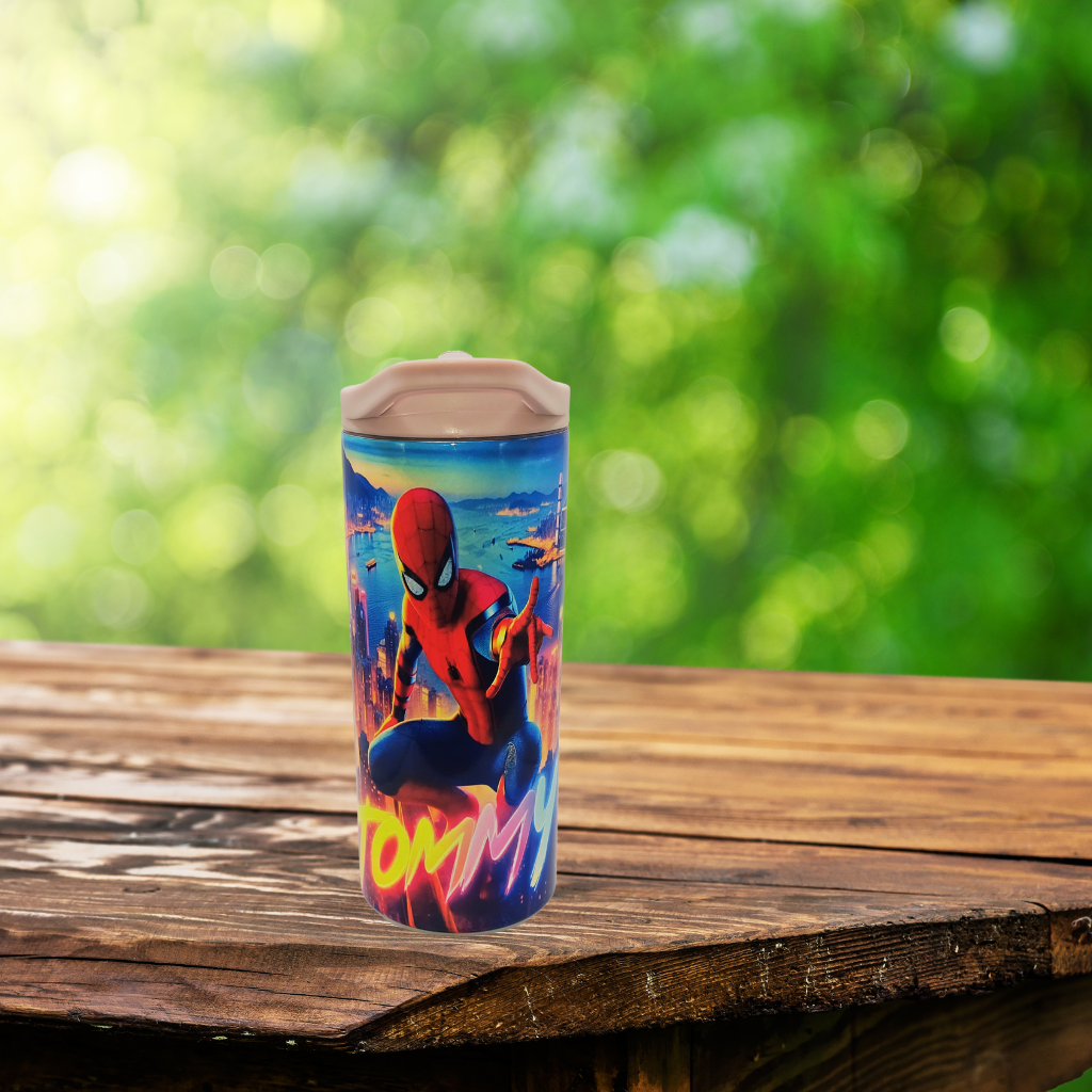 Custom Design Tommy's 15 oz Spiderman tumbler with handle lid and splash-proof lid